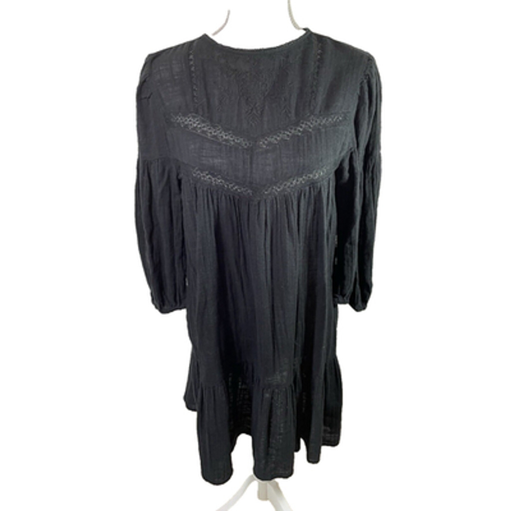 Zara Embroidered Black Lace Inserts Ruffle Hem Mini Peasant Dress XS